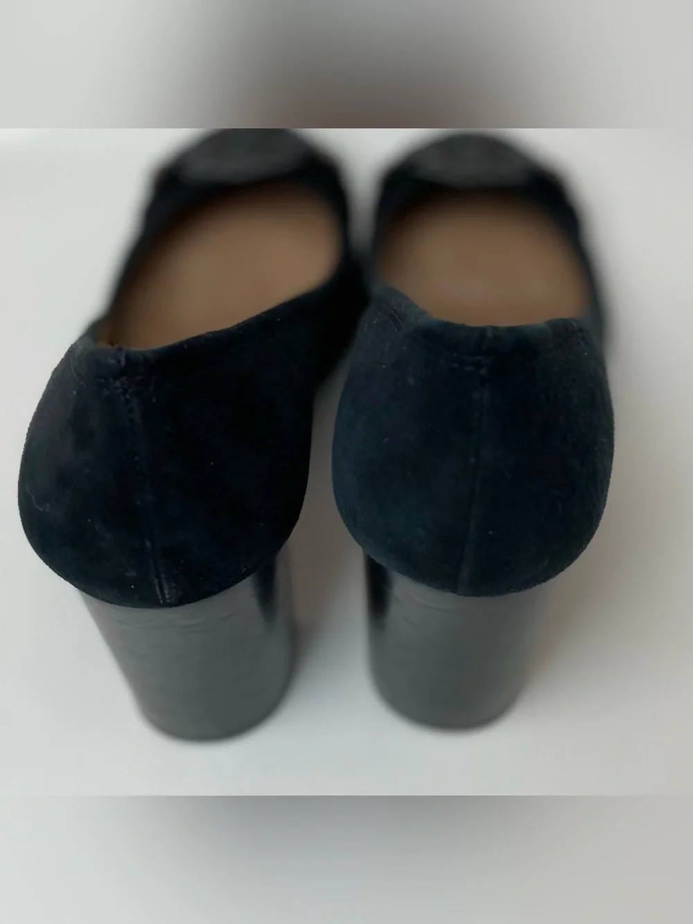 Tory Burch Mini Miller Black Suede Block-Heel Pumps with Medallion Accent